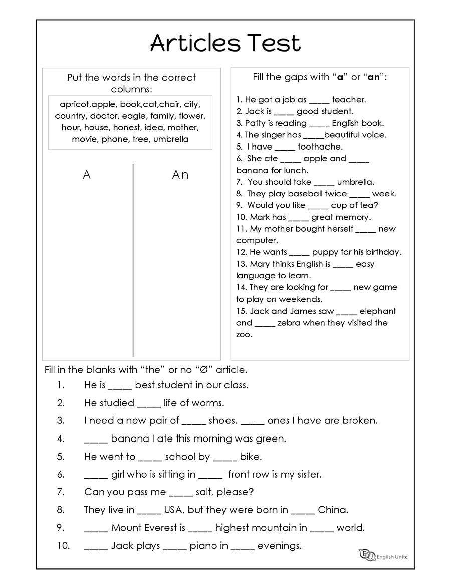 English Unite Grammar Worksheets Articles