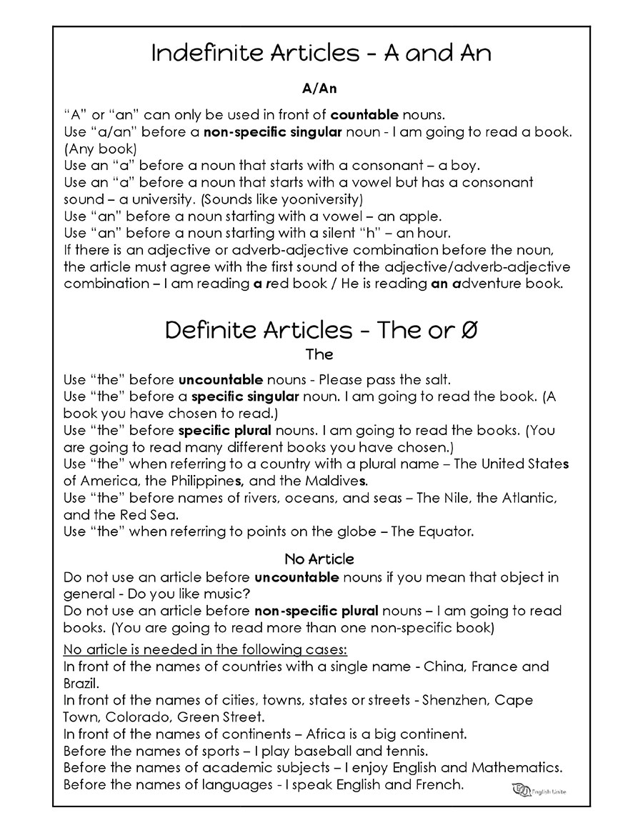 English Unite Grammar Worksheets Articles
