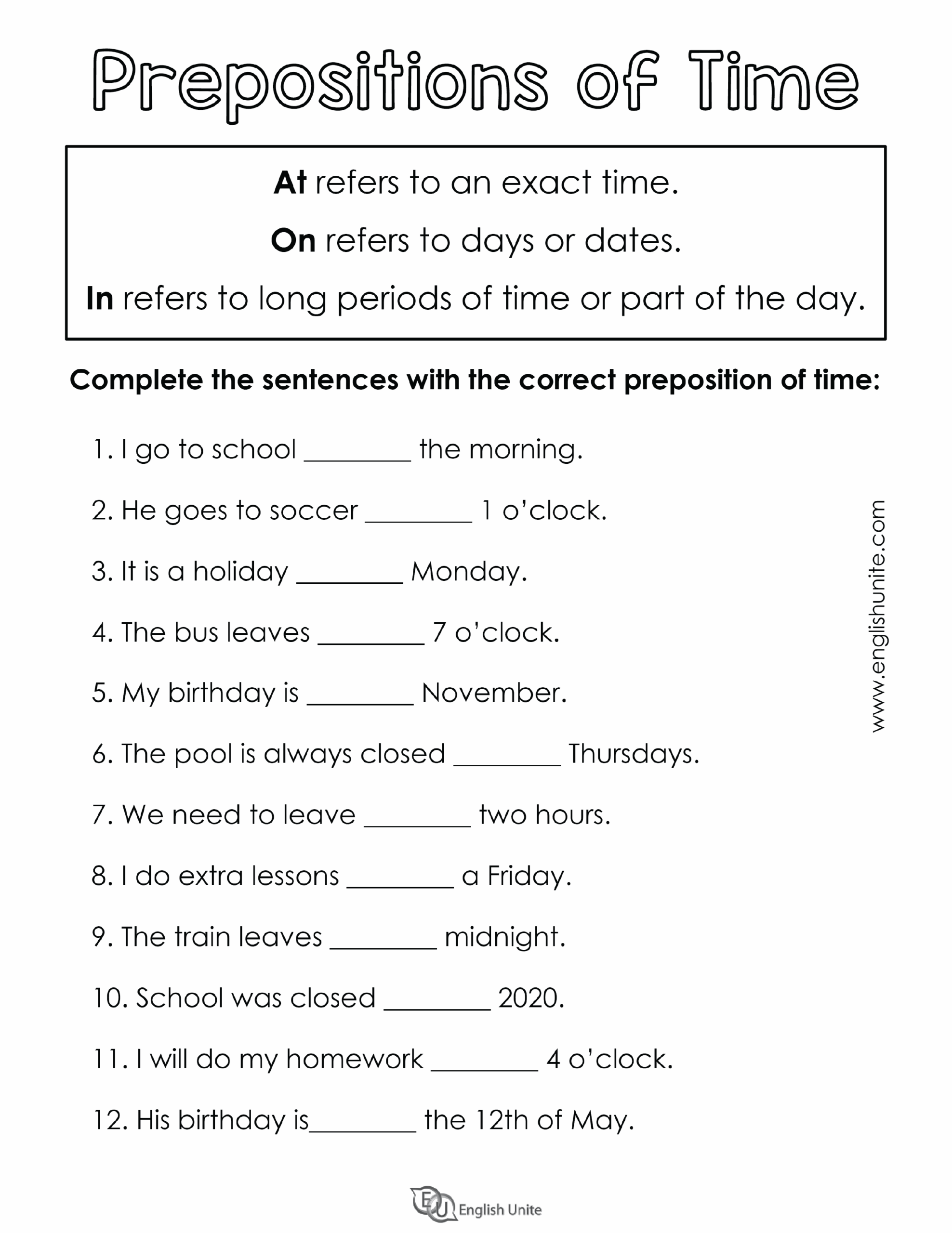 English Unite Prepositions Of Time Worksheet