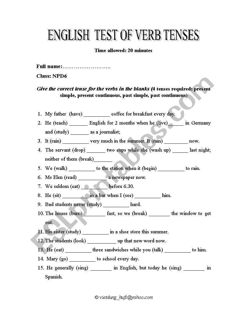 English Verb Tenses ESL Worksheet By Hanhdung1982