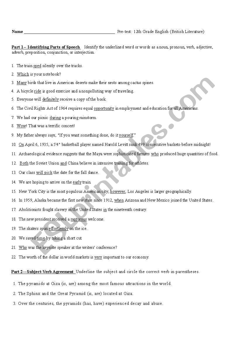 English Worksheets 12th Grade Grammar Pre test English Worksheets 12th Grade Grammar Pre test