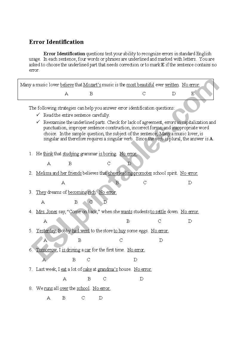 English Worksheets Grammar Error Identification
