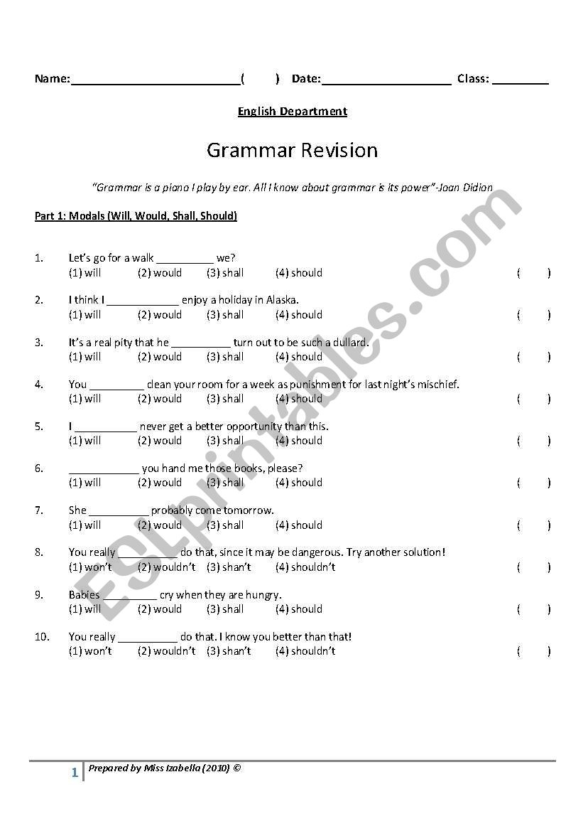 English Worksheets Grammar Revision Worksheet Modals And Reported Speech Answers Provided 