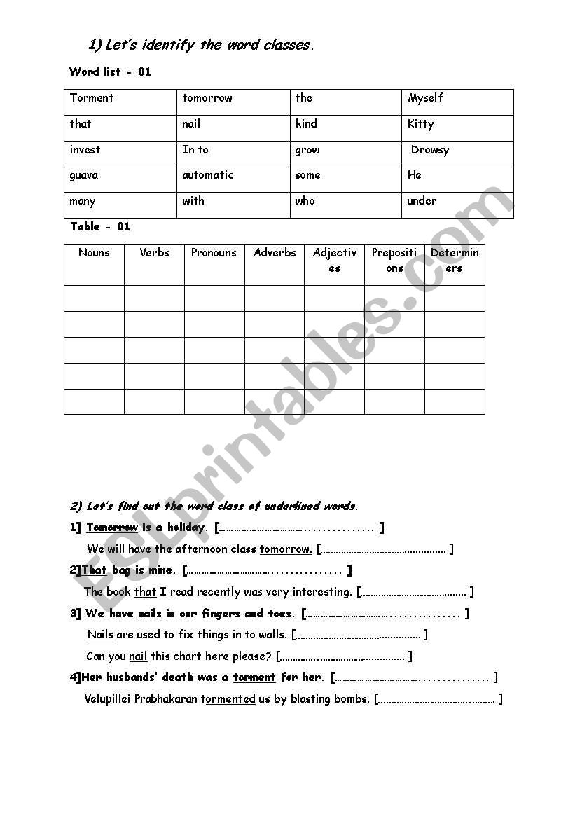 English Worksheets Word Classes English Worksheets Word Classes
