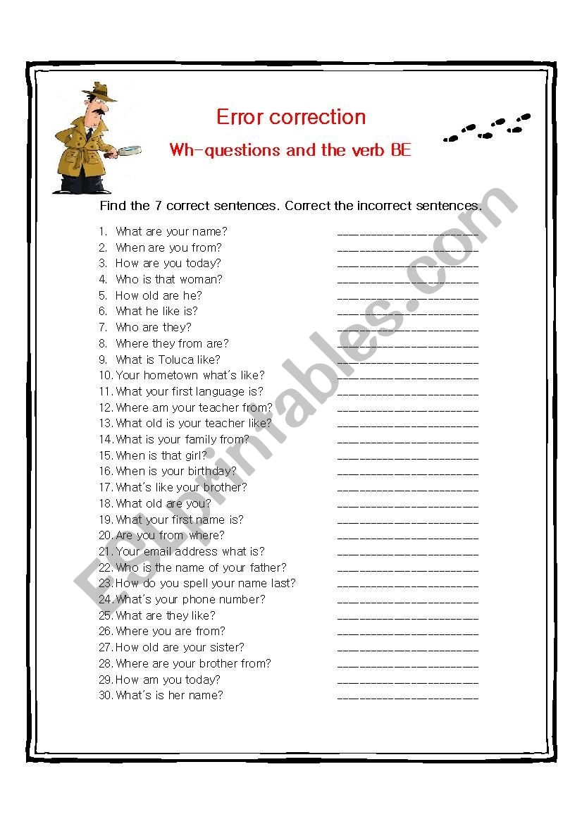 Error Correction WH questions And Verb BE ESL Worksheet By Missake2 Error Correction WH questions And Verb BE ESL Worksheet By Missake2