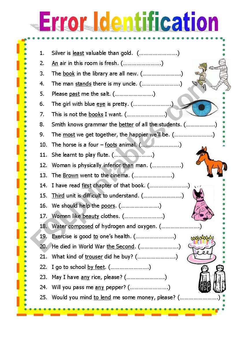 Error Identification Worksheet To Check A Various Grammars 2pages Not Too Difficult For Students 43items I Think It s A Way To Evaluate English Skill ENJOY ESL Worksheet By Aploy