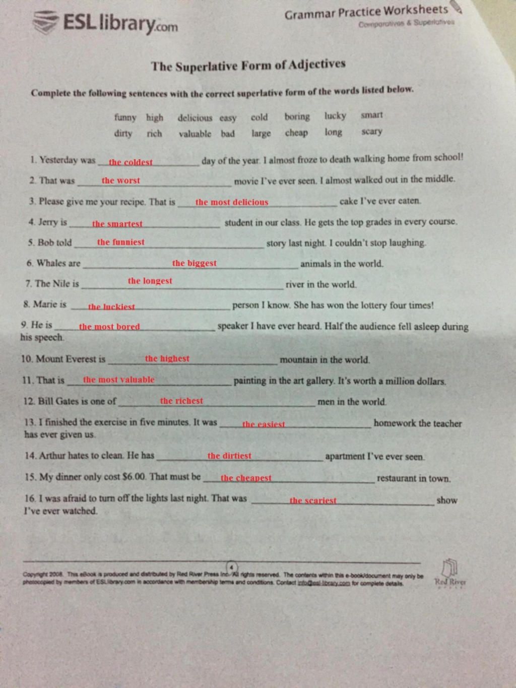 ESL Library Grammar Practice Worksheets Comparatives U0026Superlatives The Superlative Form Of Adjectives Complete The Following Sentences With The Correct ESL Library Grammar Practice Worksheets Comparatives U0026Superlatives The Superlative Form Of Adjectives Complete The Following Sentences With The Correct