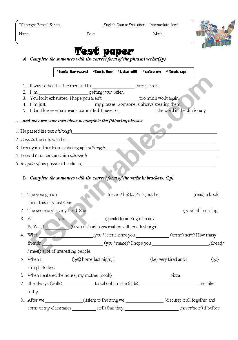 Evaluation Grade 8 ESL Worksheet By Christofor