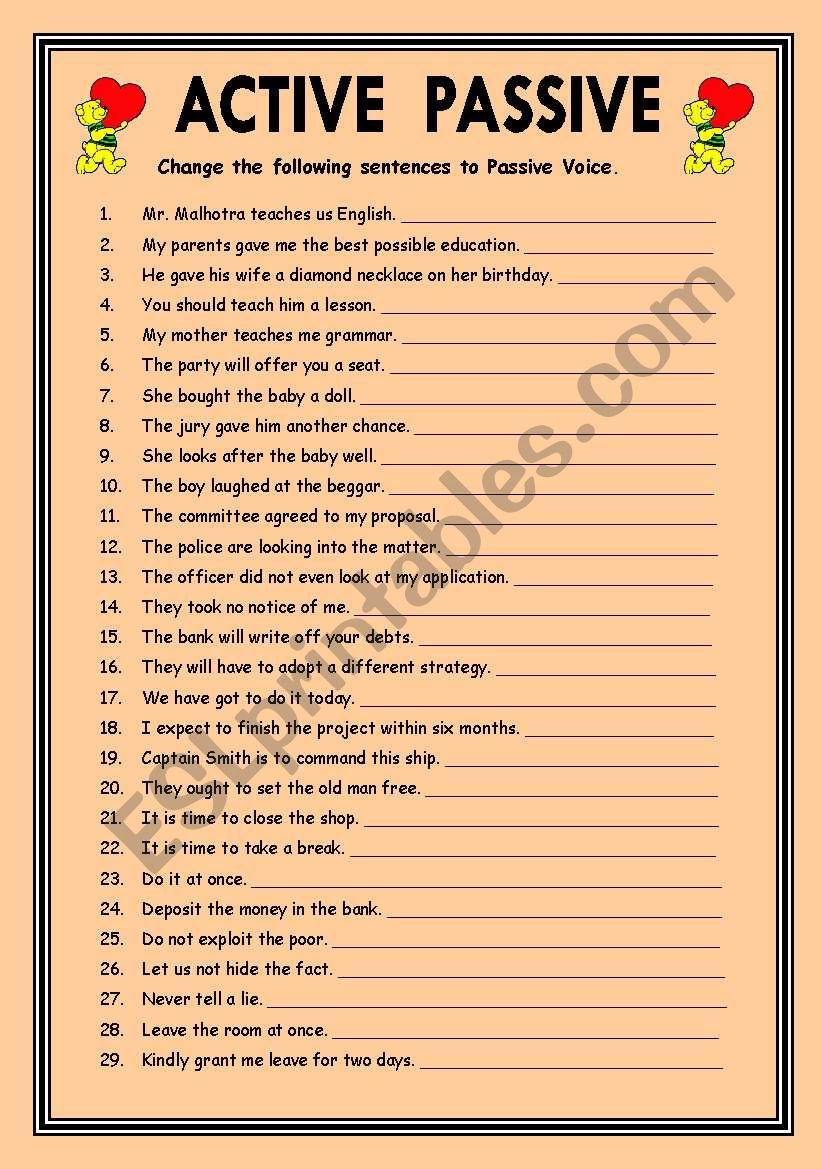 Exercises On ACTIVE PASSIVE VOICE EDITABLE With KEY ESL Worksheet By Vikral
