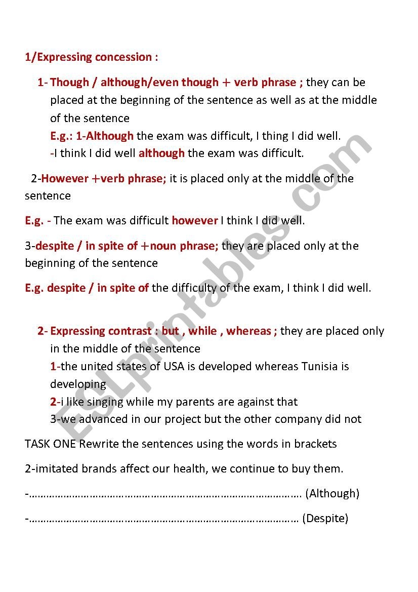 Expressing Concession And Contrast ESL Worksheet By Hassouna