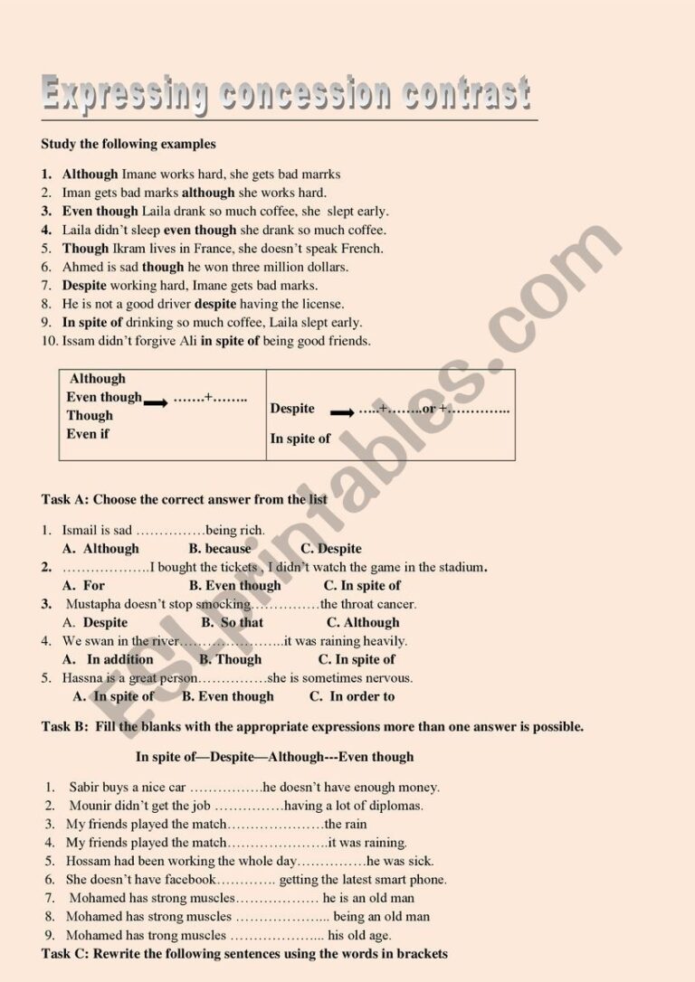 Expressing Concession Contrast ESL Worksheet By Souna88