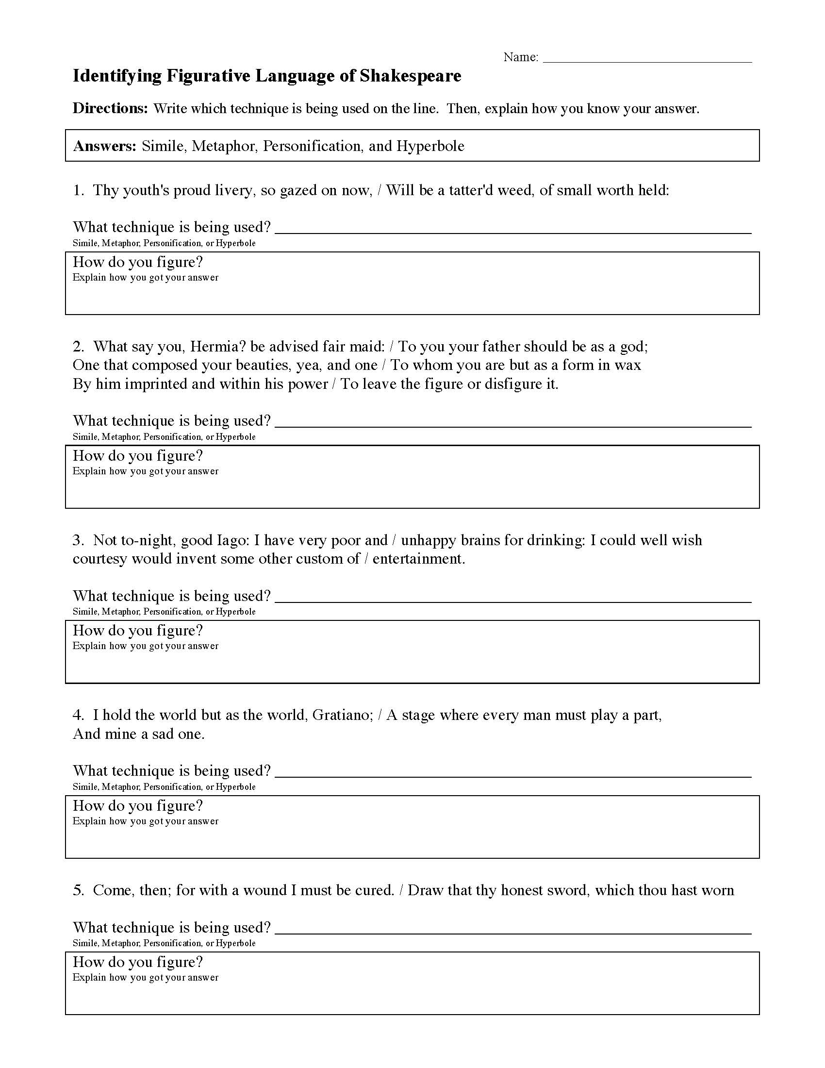 Figurative Language Of Shakespeare Reading Activity