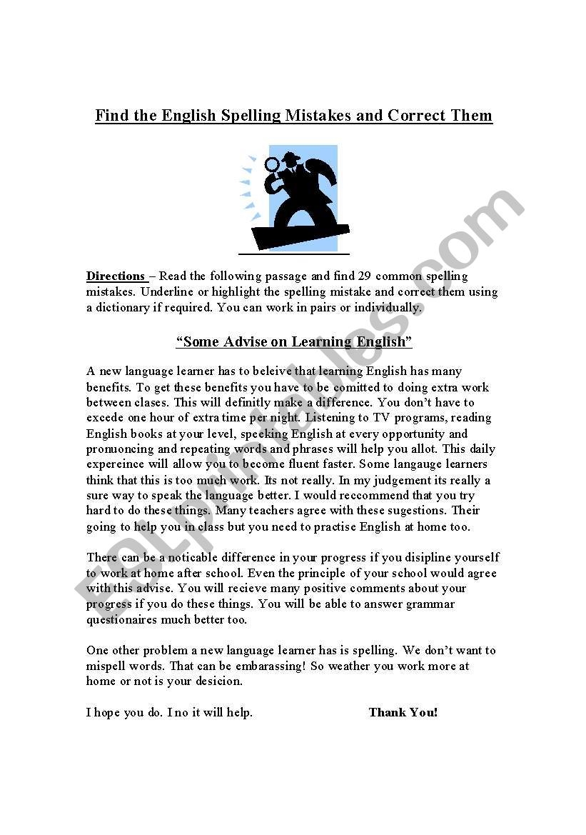 Find The Spelling Mistakes These Are Some Of The Most Common Spelling Mistakes In English ESL Worksheet By Maceman