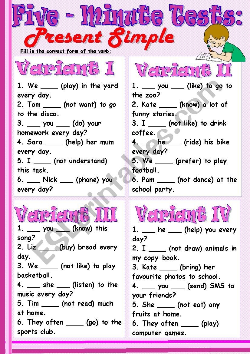 Five Minute Tests Present Simple ESL Worksheet By Tmk939