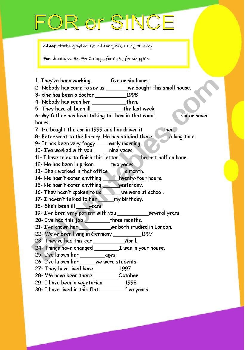 Grammar Worksheet For And Since