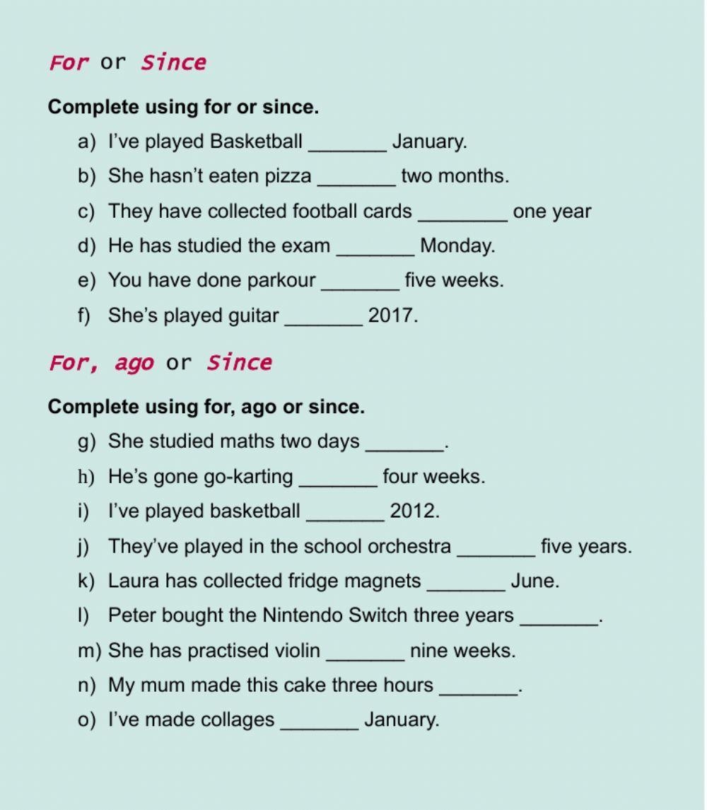 For Since And Free Interactive Worksheets 556327