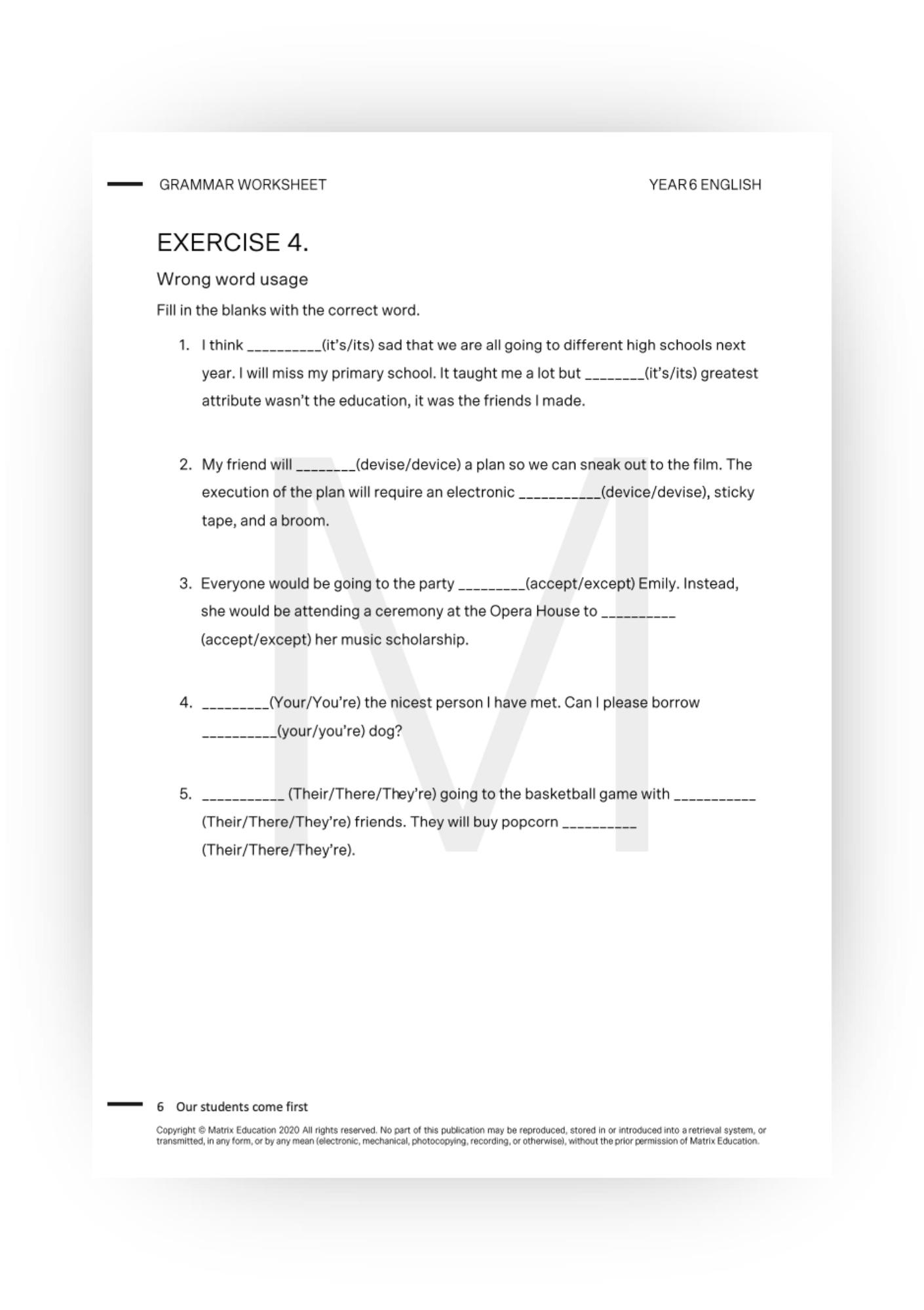 Free Year 6 Grammar Worksheet Downloadable