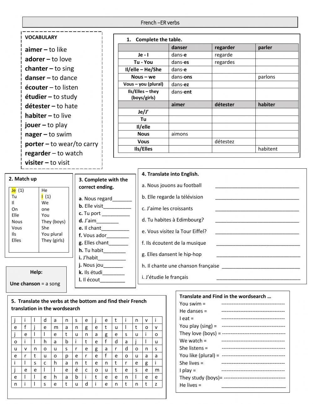French er Verbs Free Interactive Worksheets 633752