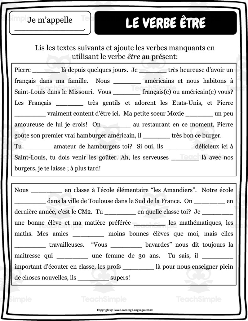 French ETRE Verb Worksheet Set French ETRE Verb Worksheet Set