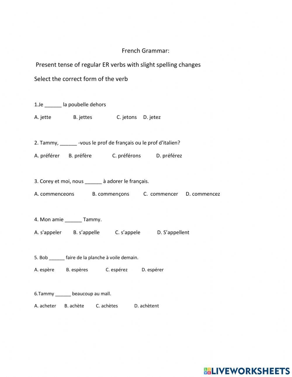 French Grammar Free Interactive Worksheets 1837268