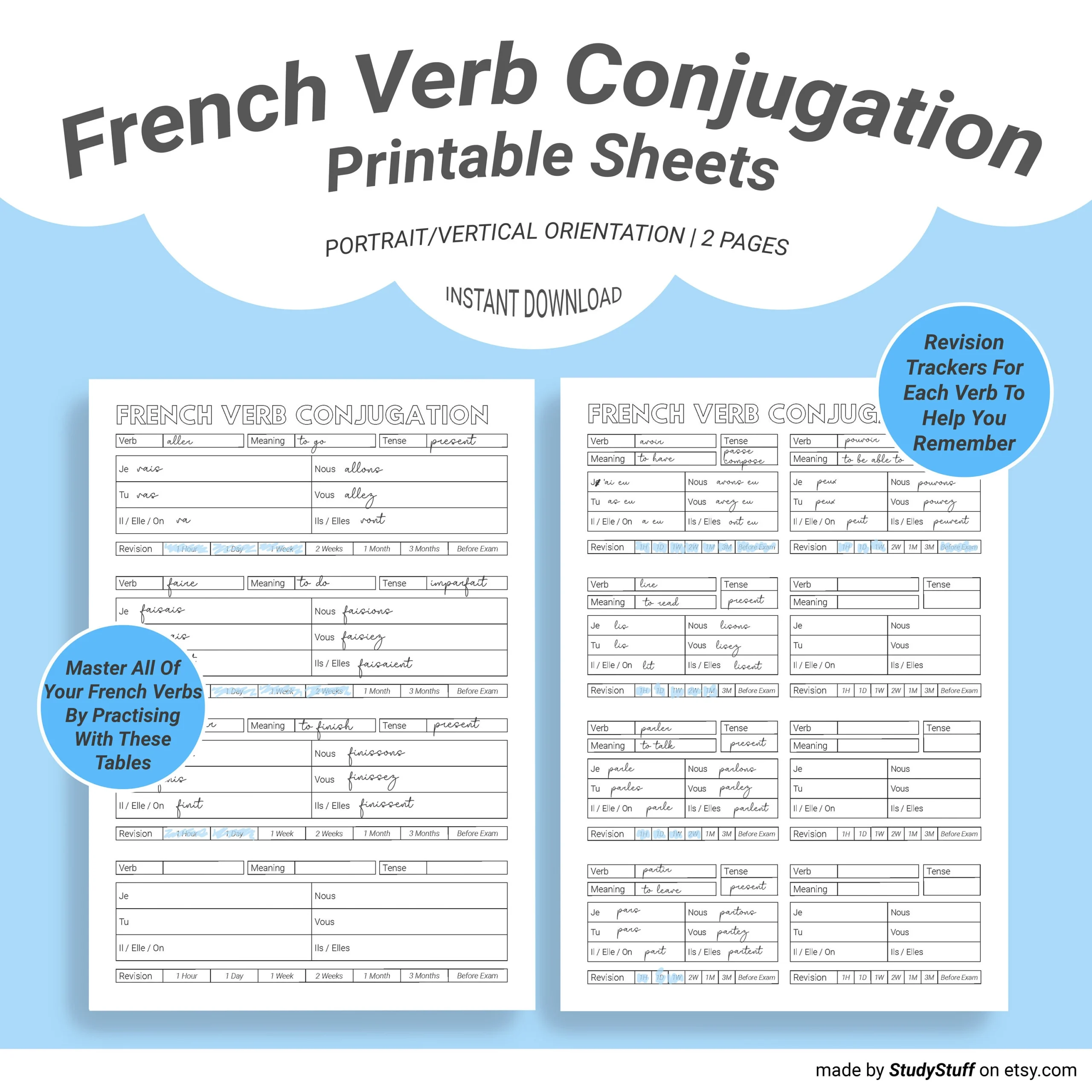 French Language Verb Conjugation Practice Worksheets Printable La Conjugaison Des Verbes Fran ais Student Study Printables Download Etsy