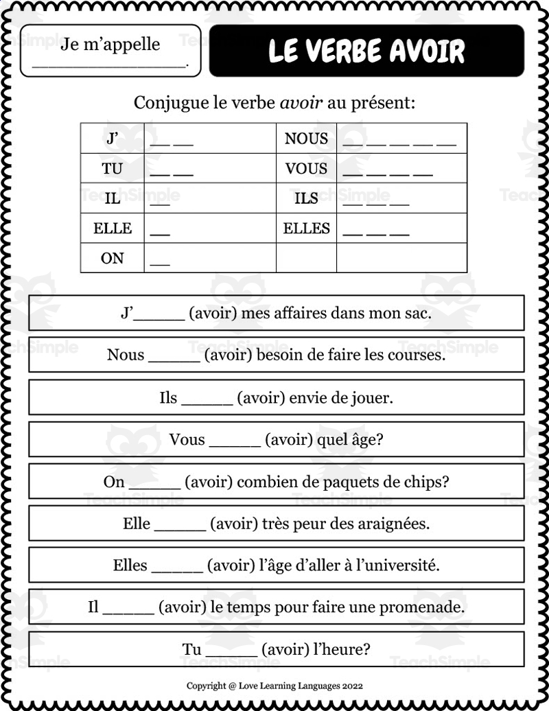 French Verb Avoir Present Tense Worksheets