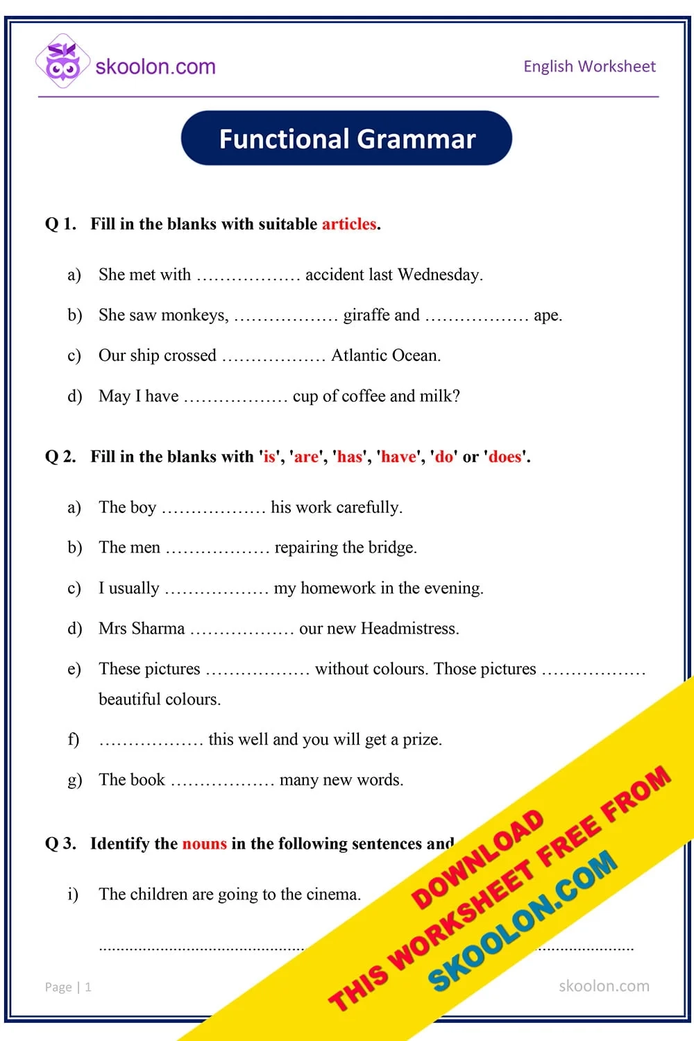Functional Grammar Worksheet Skoolon