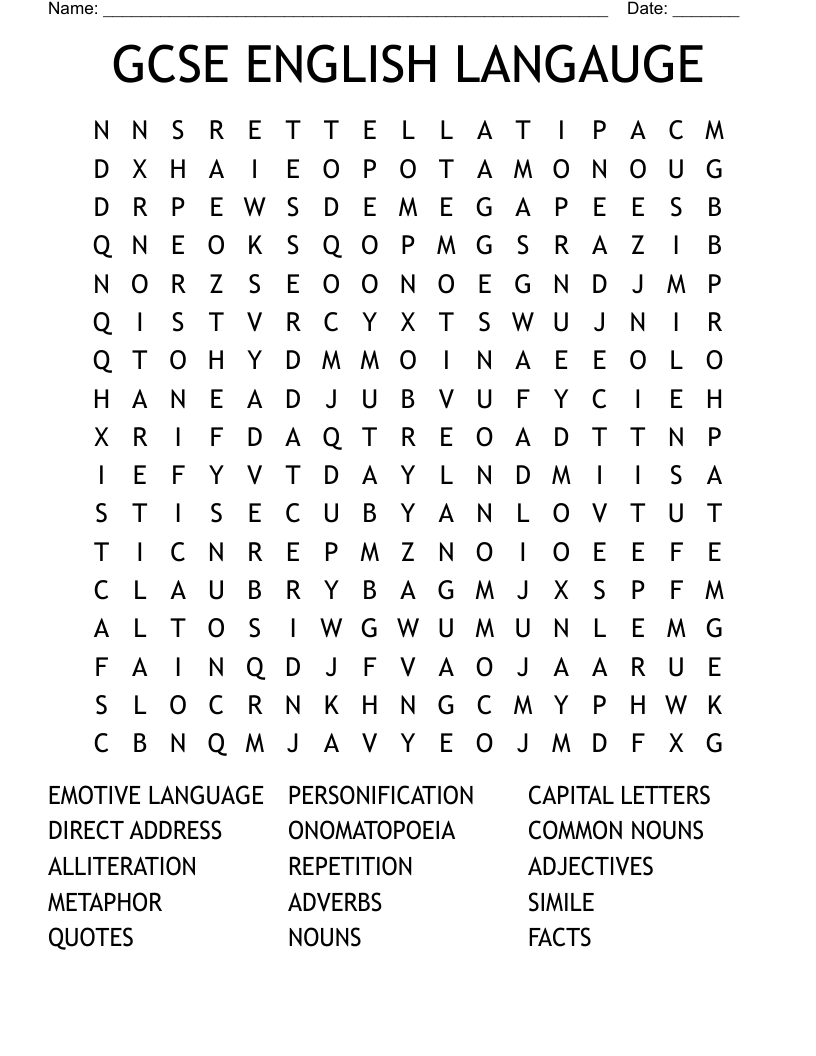 GCSE ENGLISH LANGAUGE Word Search WordMint GCSE ENGLISH LANGAUGE Word Search WordMint
