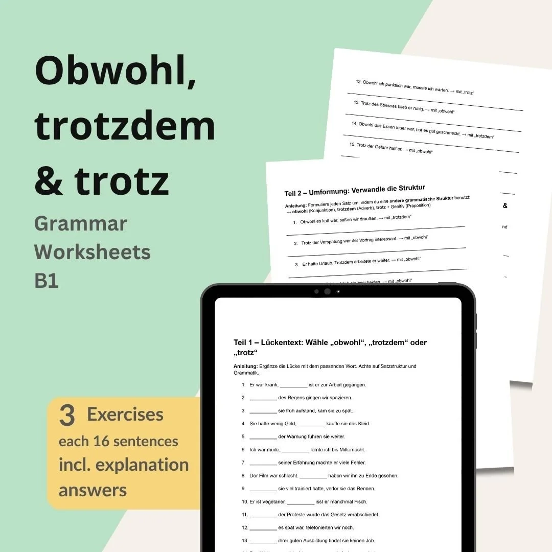 German Grammar Worksheet B1 Obwohl Trotzdem Trotz PDF Exercises Answer Key Study German Online Your Clear Path To Fluent German German Grammar Worksheet B1 Obwohl Trotzdem Trotz PDF Exercises Answer Key Study German Online Your Clear Path To Fluent German