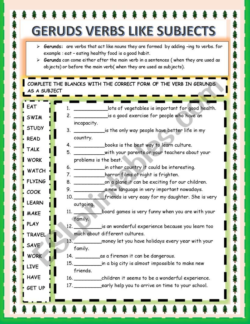 Gerunds As A Subject ESL Worksheet By Lelany Gerunds As A Subject ESL Worksheet By Lelany