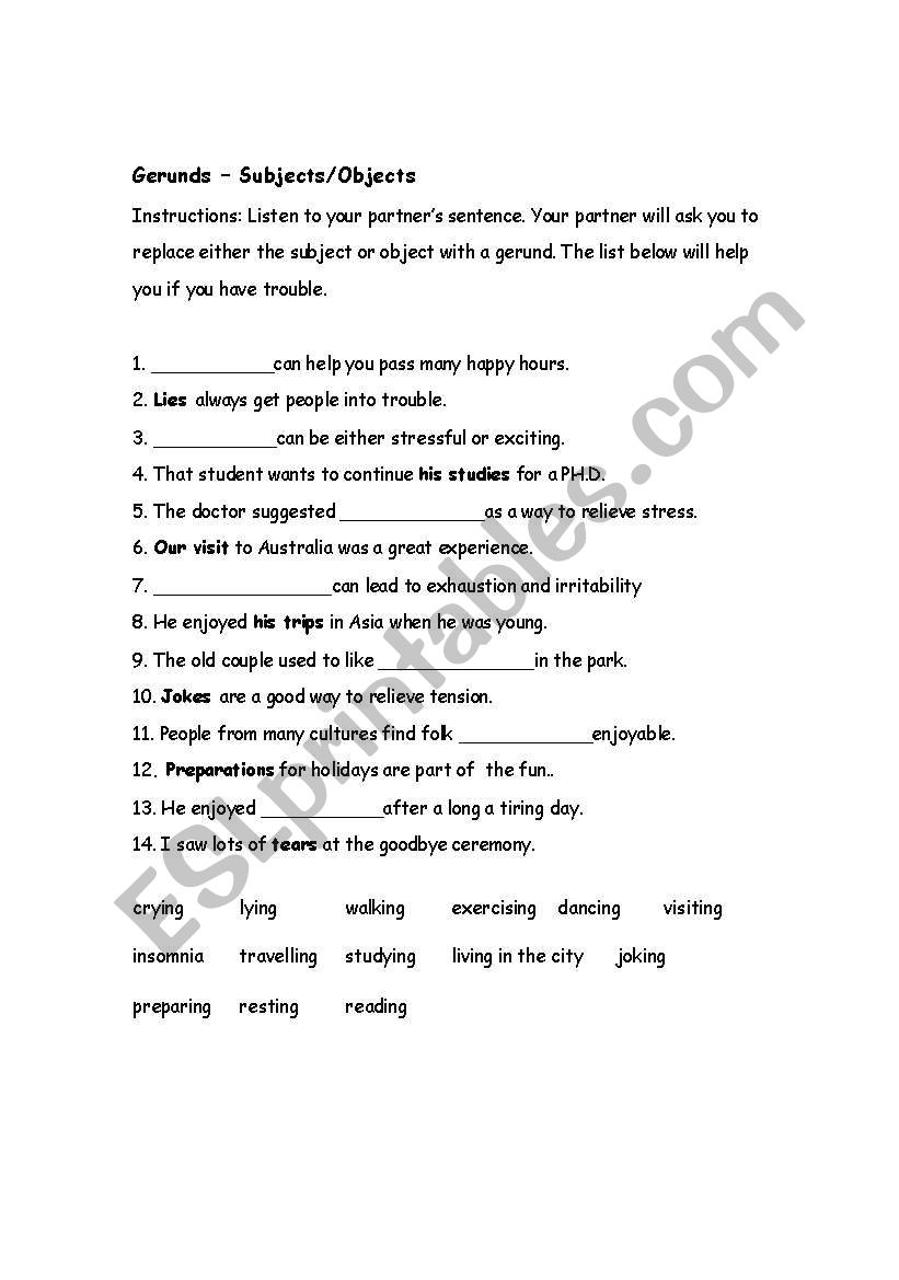 Gerunds As Subjects And Objects ESL Worksheet By JoDea Gerunds As Subjects And Objects ESL Worksheet By JoDea