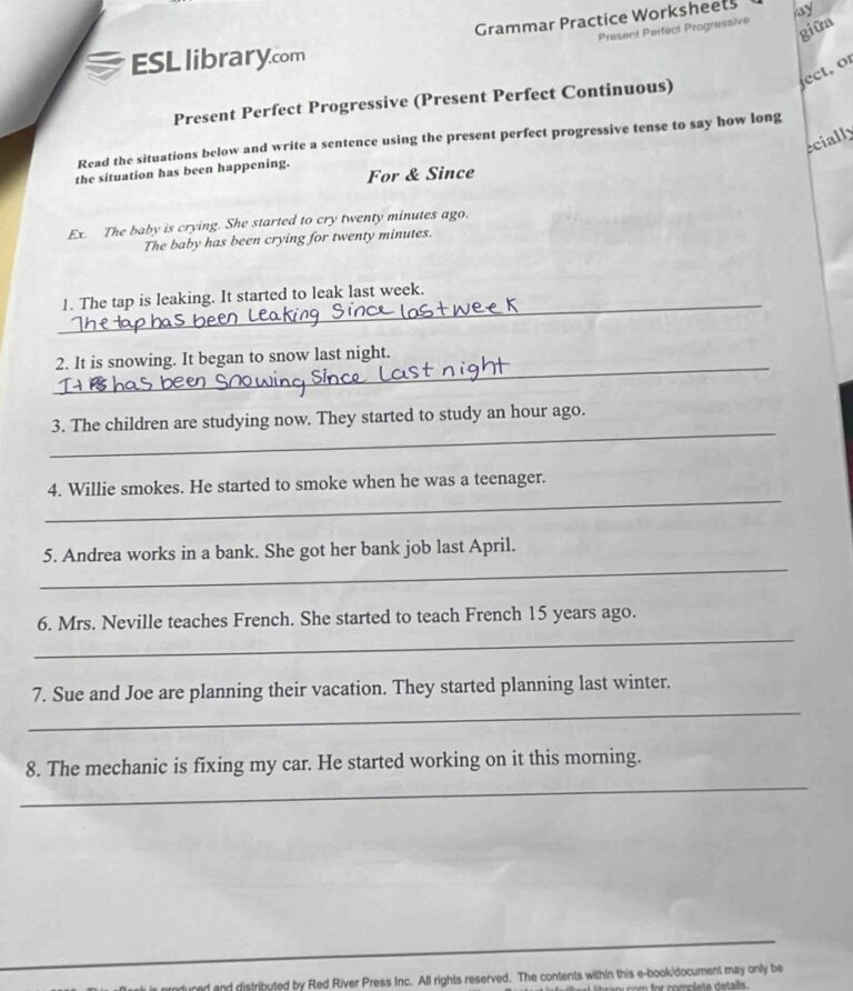 Gi i Quy t Grammar Practice Worksheets Ay Present Perfect Progressive Gi a ESL Library J Ec T