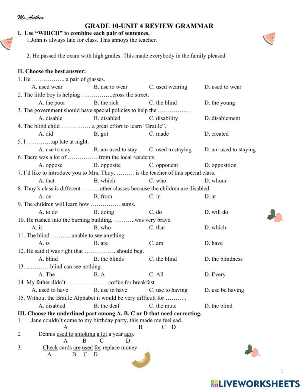 Year 10 English Grammar Worksheets
