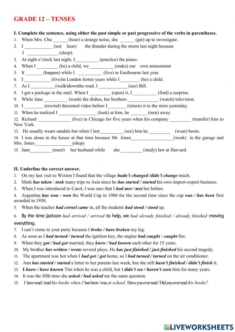 12 Grammar Tense Worksheet 12 Grammar Tense Worksheet