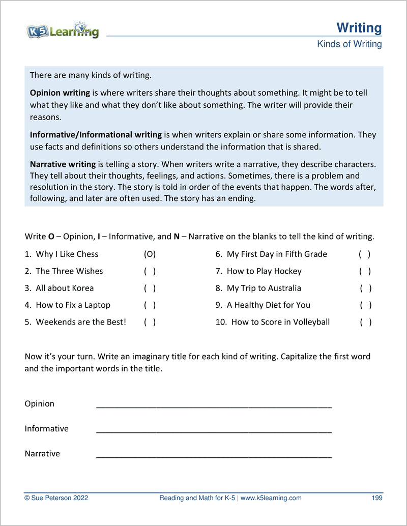 K5 Learning Worksheets Grammar