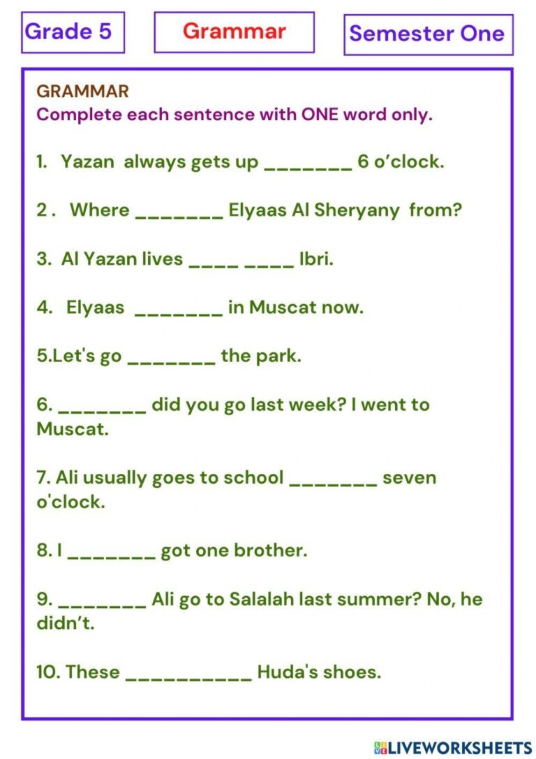 Grade 5 Grammar Free Interactive Worksheets 2255828