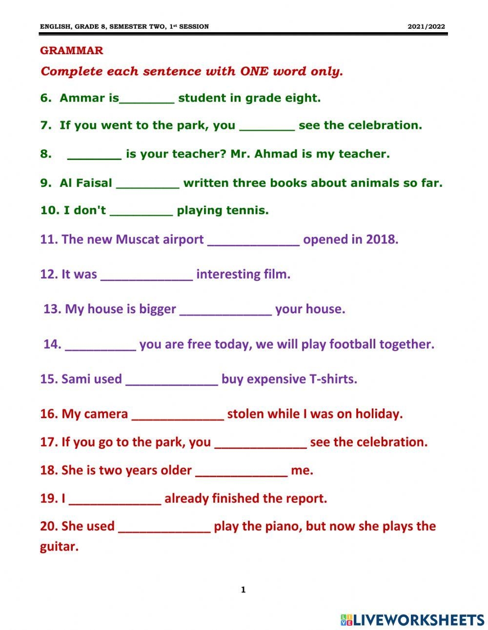 Grade 8 Grammar Free Interactive Worksheets 2275755