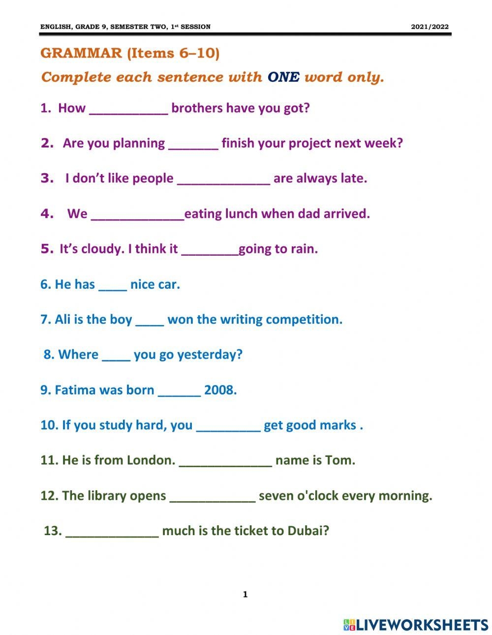 Grade 9 Grammar Free Interactive Worksheets 2275780