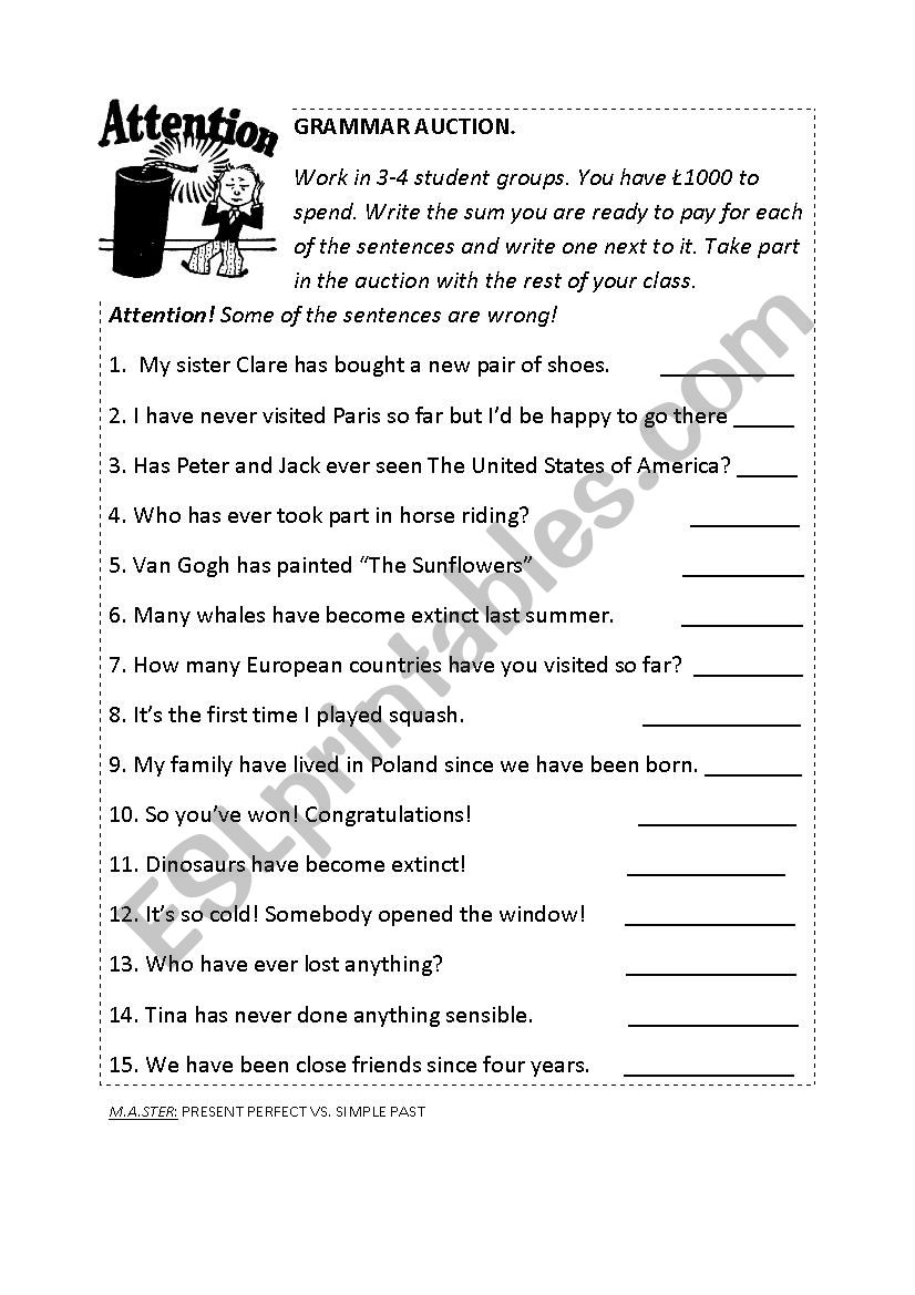 Grammar Auction ESL Worksheet By M A STER