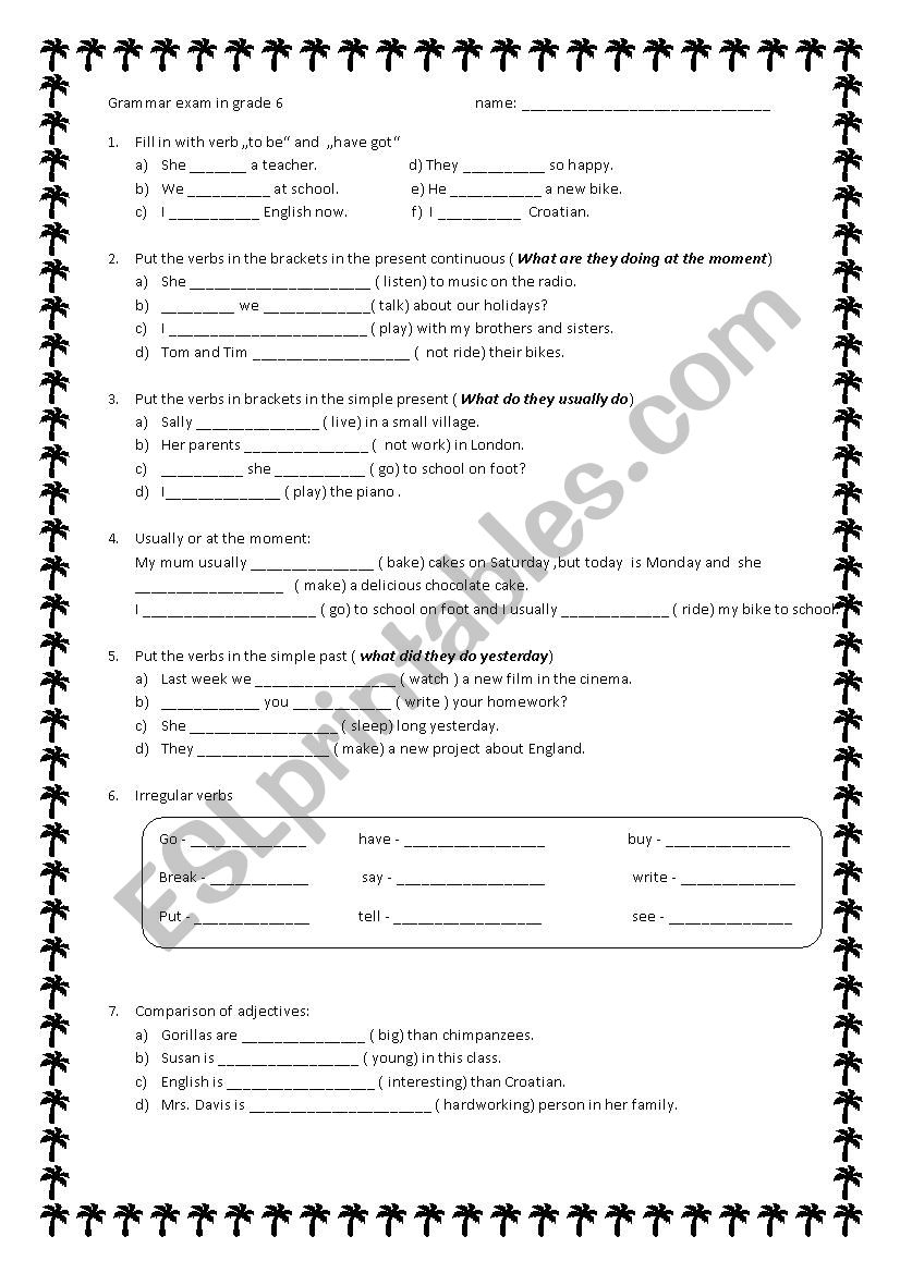 Grammar Exam In Grade 6 ESL Worksheet By Mako5