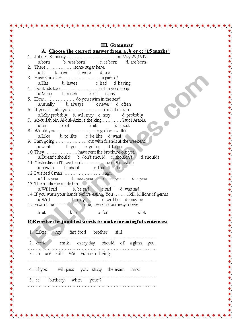 Grammar Worksheets For Class 8