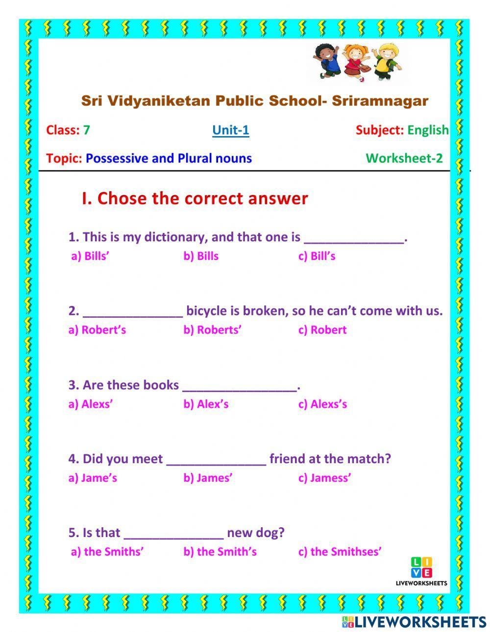 Class 7 Grammar Worksheet