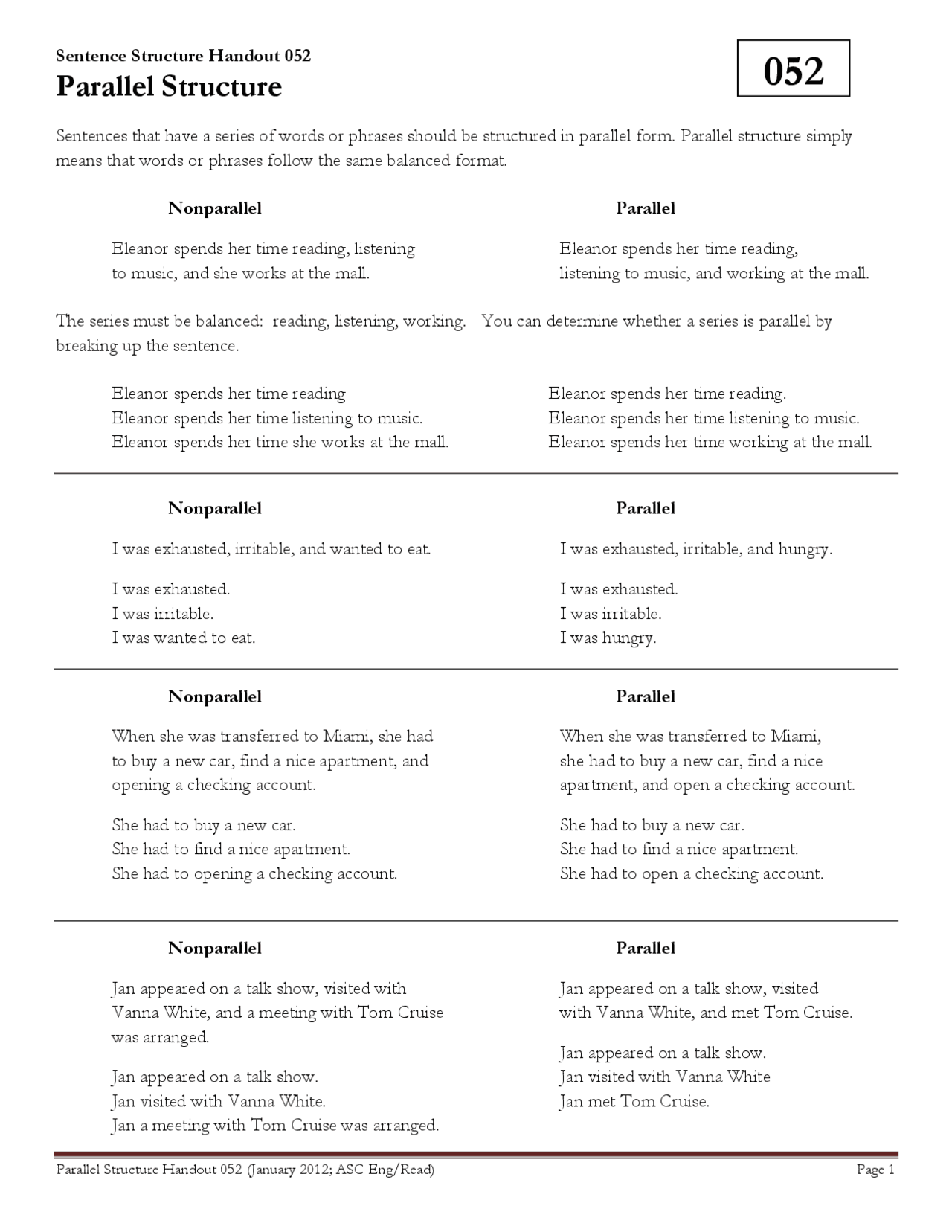 Grammar Handout Parallel Structure Summaries Music Docsity