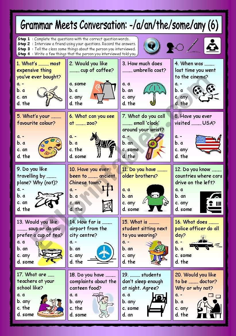 Grammar Meets Conversation A An The Some Any 6 Asking Questions ESL Worksheet By PhilipR Grammar Meets Conversation A An The Some Any 6 Asking Questions ESL Worksheet By PhilipR