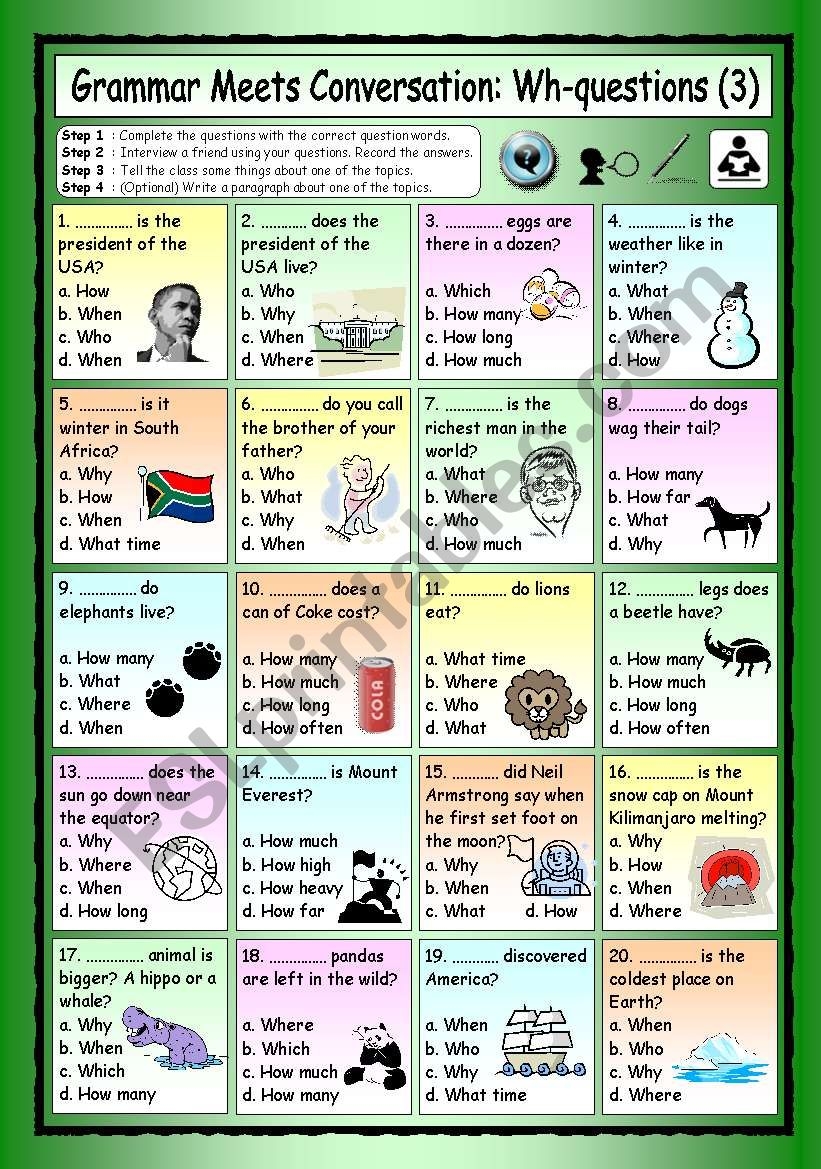 Grammar Meets Conversation Wh questions 3 General Knowledge ESL Worksheet By PhilipR Grammar Meets Conversation Wh questions 3 General Knowledge ESL Worksheet By PhilipR