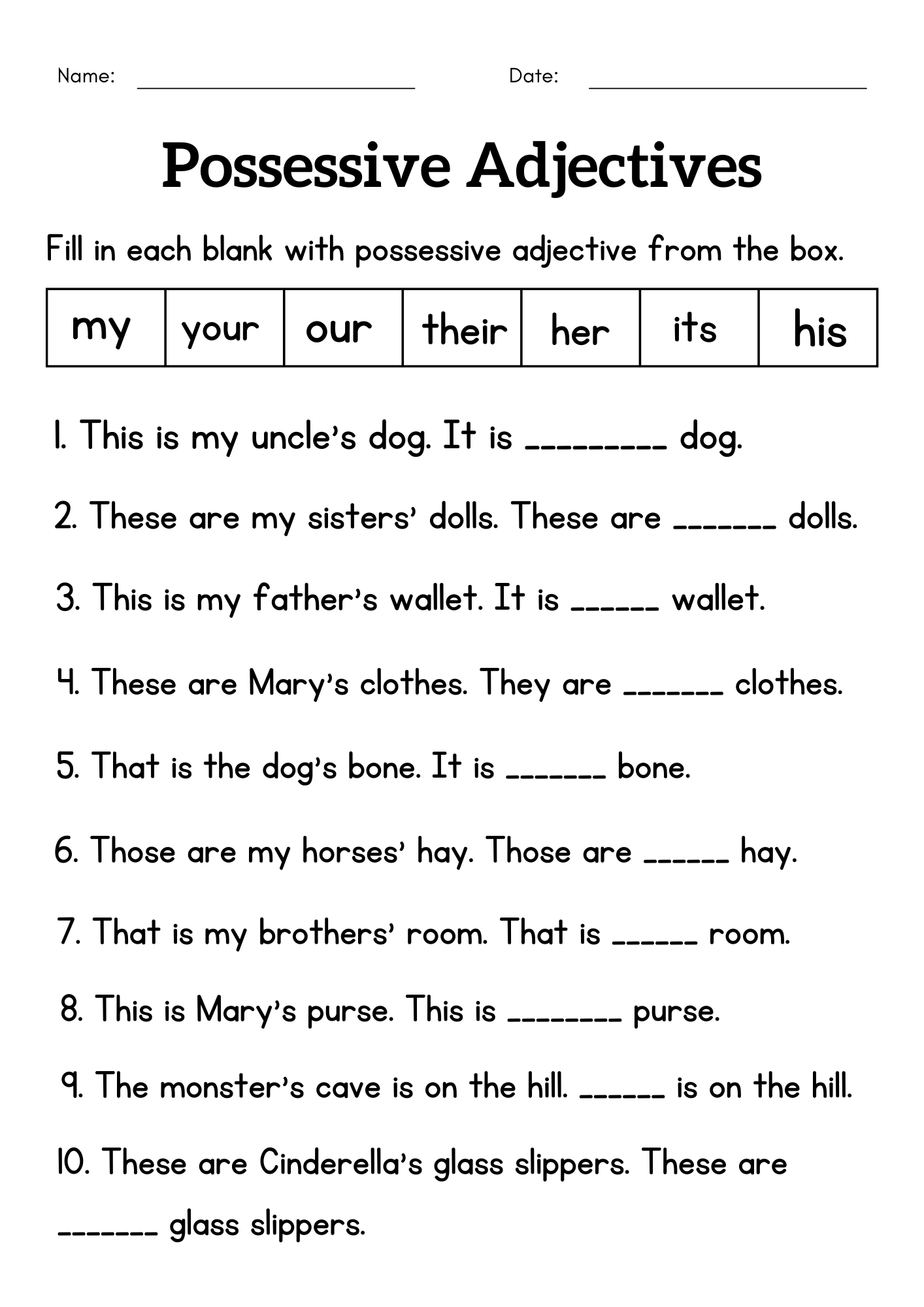 Grammar Possessive Adjective Worksheet For Class 1 2
