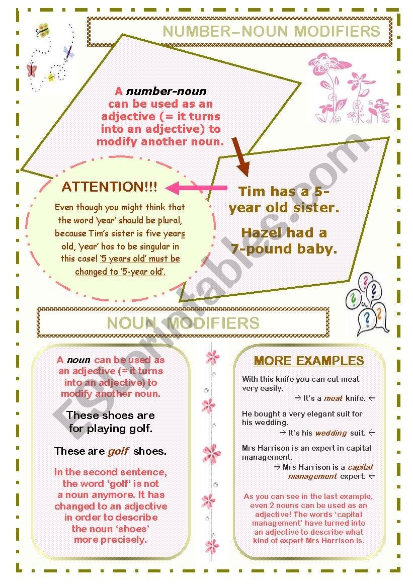 GRAMMAR POSTER HANDOUT ON NOUN MODIFIERS PLUS WORKSHEET WITH 4 EXERCISES 5 PAGES B W SHEETS AND KEY INCLUDED ESL Worksheet By Lina Ladybird
