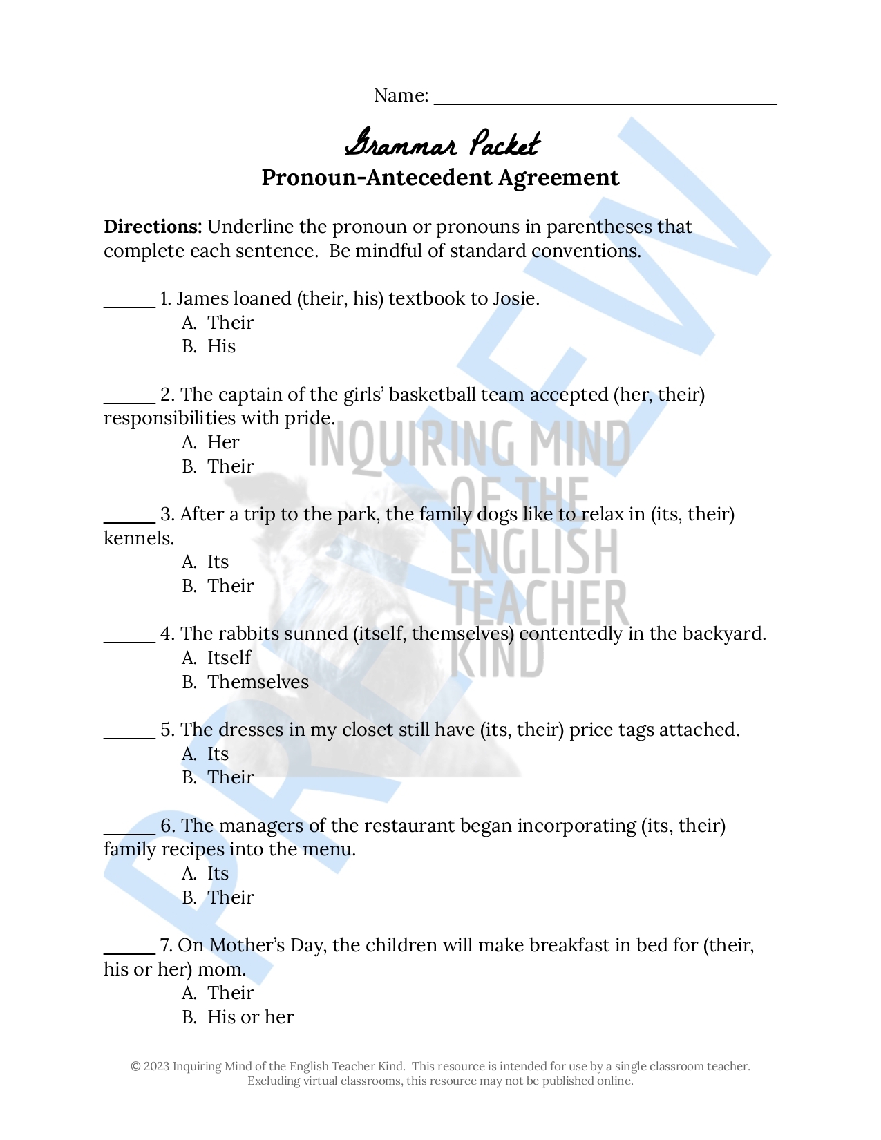 Grammar Practice Worksheet On Pronoun Antecedent Agreement Classful