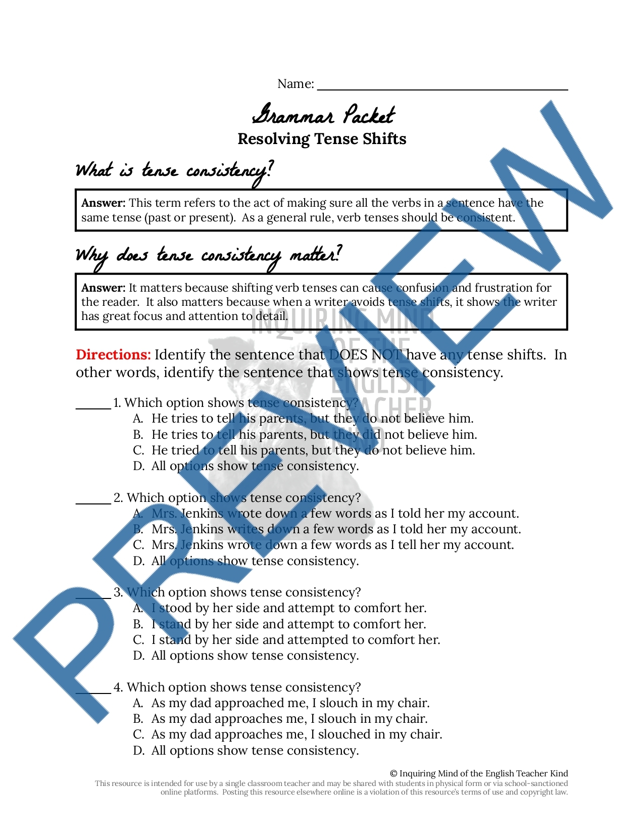 Grammar Practice Worksheet On Resolving Tense Shifts Teaching Resources Grammar Practice Worksheet On Resolving Tense Shifts Teaching Resources