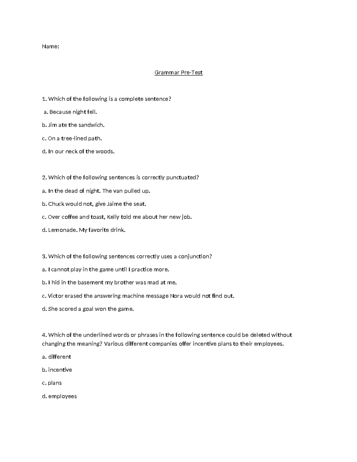 Grammar Pre Test With Answer Key For ESL Students ENG 101 Studocu